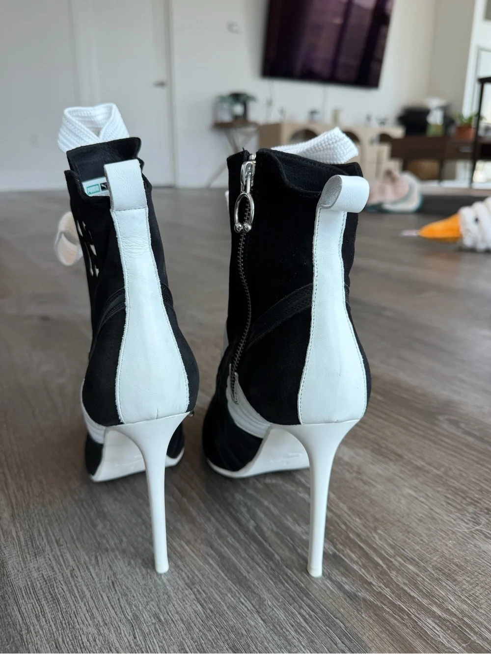 Black and White Lace-Up Stiletto Ankle Boots - Picture 7 of 9